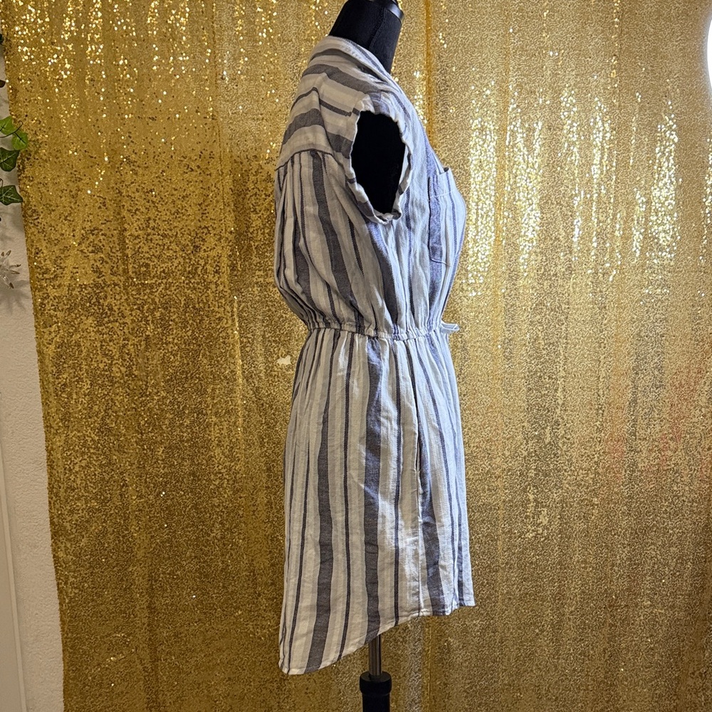 Japna Blue-White Striped Dress button front closure and cinched waist with tie - Picture 5 of 11
